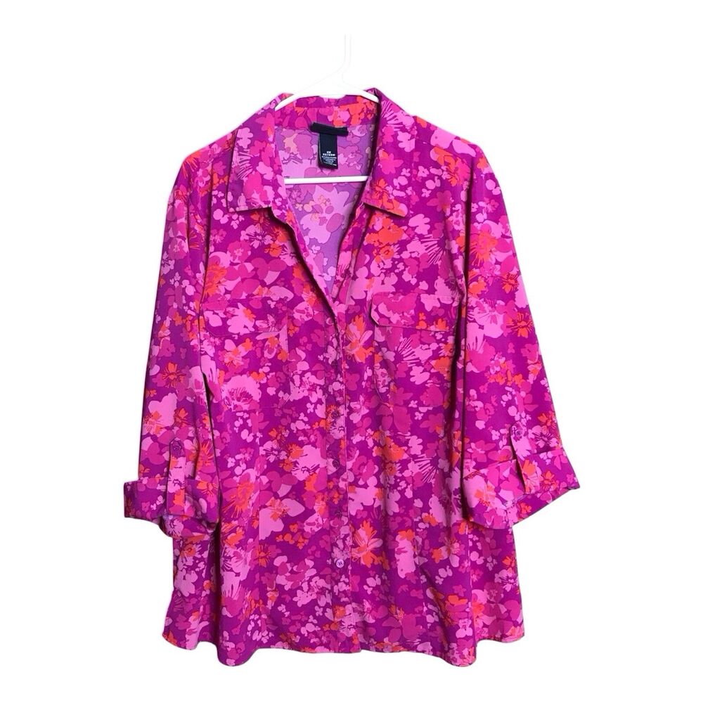 Maggie Barnes Womens 2X Blouse Pink Floral Button Front Pockets Tab Sleeves